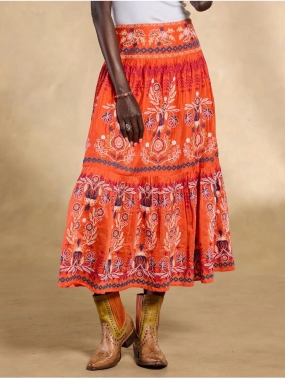Sundance Salina Orange Floral Embroidered Tiered Maxi Skirt BoHo Small